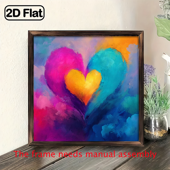 2D Flat, 1pc 8x8inch Heart Shaped wooden board painting, Abstract Colorful Painterly Heart Wall Decor, Artistic Love Sign Hanging Ornament for Living Room Bedroom.