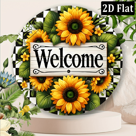 2D Flat, 1pc 8x8inch Sunflower Welcome Sign - Round Metal Wall Art with Checkered Border, Vibrant Floral Design Durable Weatherproof for IndoorOutdoor Decor in Kitchen, Living Room, Bedroom