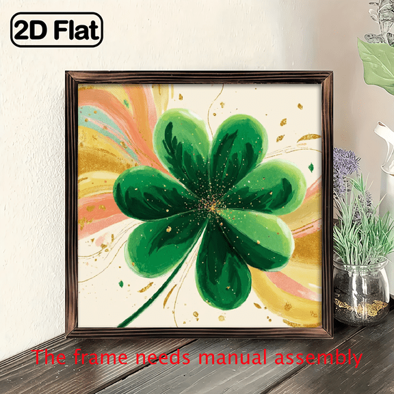 2D Flat - 1pc 8x8inch Wooden Sign Vibrant 2D Printed Four Leaf Clover Art for Home Wall Decor Boho Style Framed Metal Print with Golden Accents and Floral Design Framed Wall Art Decoration for K
