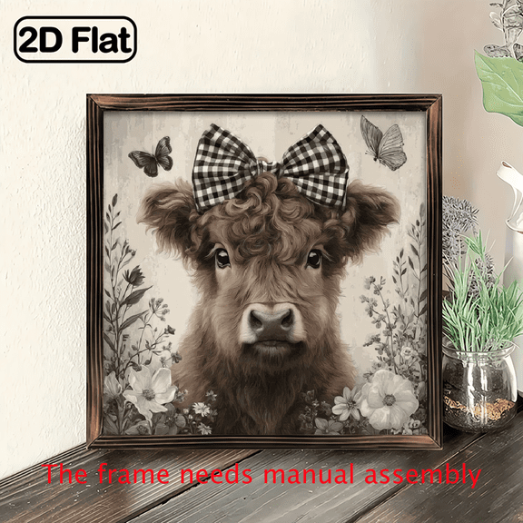 2D Flat, 1pc 8x8inch square Shaped wooden Decorative , Cute Highland Cow squatre Hanging Sign with Plaid Bow Farm Animal Rustic Wall Decor for Home Kitchen Living Room.