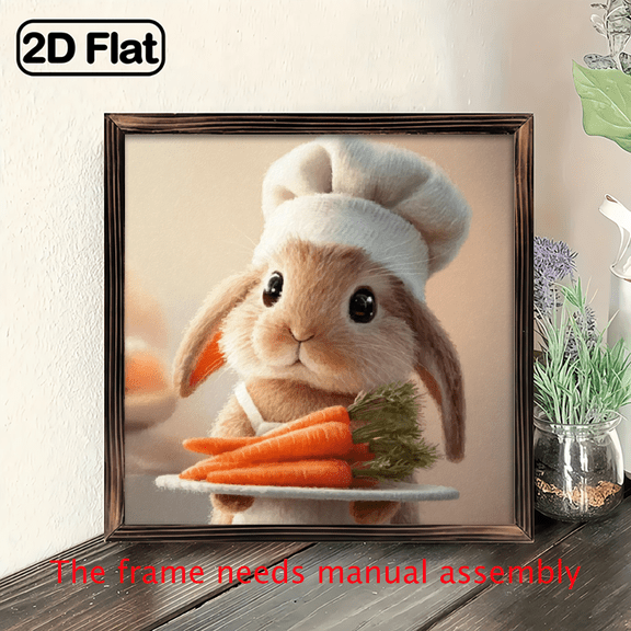 2D Flat, 1pc 8x8inch square Shaped wooden board painting. Cute Cartoon Chef Bunny with Carrots. Hanging Ornament Wooden Sign for Kitchen Dining Room Cafe Nursery.