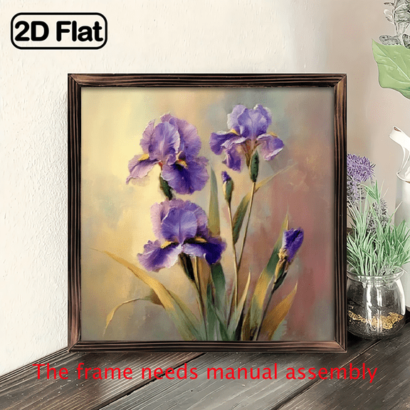 2D Flat, 1pc 8x8inch square shaped wooden board painting, Decorative Tag  Iris Flower Wall Decor Sign, Purple Floral Art Hanging Plaque for Living Room .