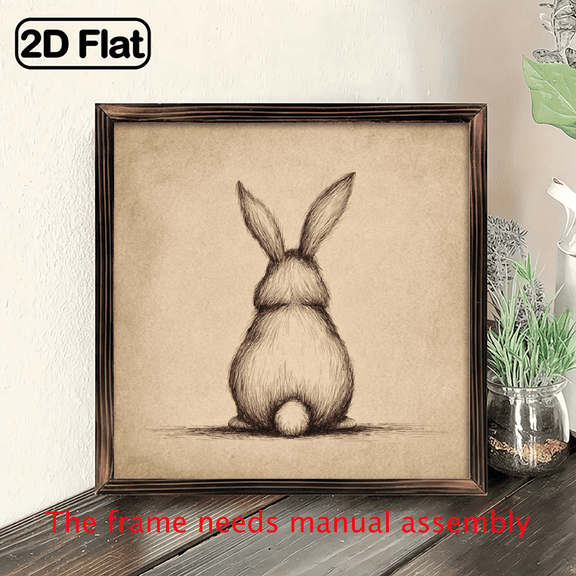 2D Flat, 1pc 8x8inch square shaped wooden board painting, Hand Drawn Bunny Rabbit Sketch Heart Plaque, Rustic Farmhouse Animal Art Wall Hanging for Home Decor.