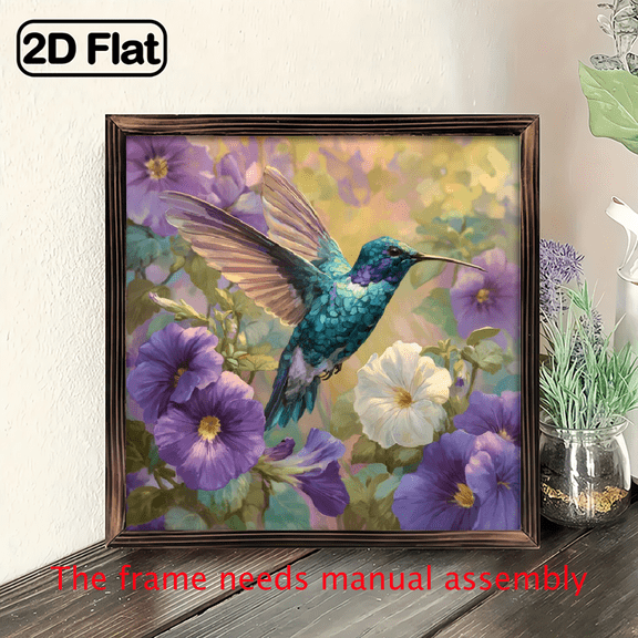 2D Flat, 1pc 8x8inch square shaped wooden board painting,square Hummingbird Floral Art Hanging Sign, Vibrant Bird & Flower Design Plaque for Home.