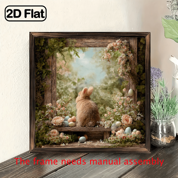 2D Flat 1pc 8x8inch wooden board painting, Cute Easter Bunny Heart Shaped Hanging Ornament Spring Floral Wall Decor for Home Living Room Bedroom Window Decoration.