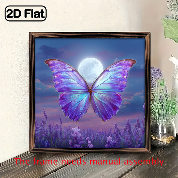 2D Flat, 1pc 8x8inch wooden board painting, Decorative Tag Purple Butterfly Full Moon Heart Shaped Hanging Sign Mystical Night Sky Lavender Field Nature Decor for Bedroom.