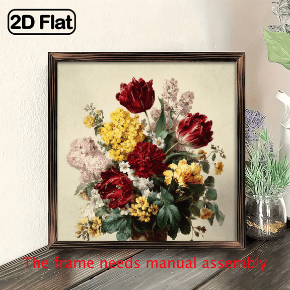 2D Flat, 1pc 8x8inch wooden board painting, Decorative Tag Vintage Floral Bouquet Sign, Classic Flower Art Print Wall Decor for Kitchen Bedroom Living Room Office Door.