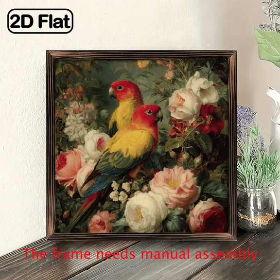 2D Flat, 1pc 8x8inch wooden board painting, Decorative Tag Vintage Parrot Floral square Shaped Hanging Plaque Sign for Home Decor Living Room.