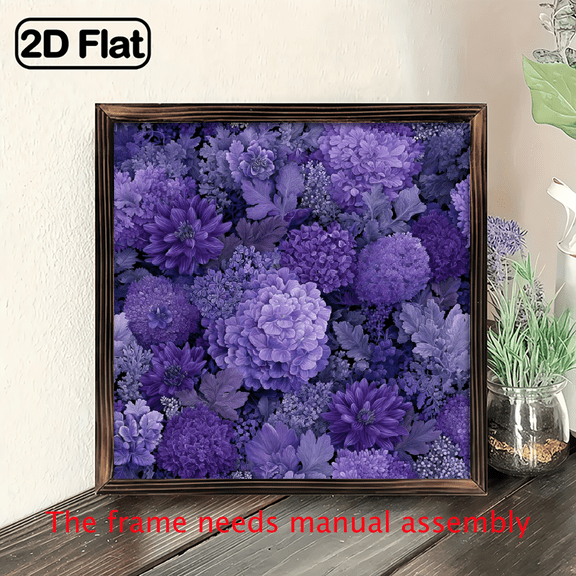 2D Flat, 1pc 8x8inch wooden board painting, Heart Purple Floral Wall Decor Sign, Botanical Flower Hanging Plaque for Living Room Bedroom Window.