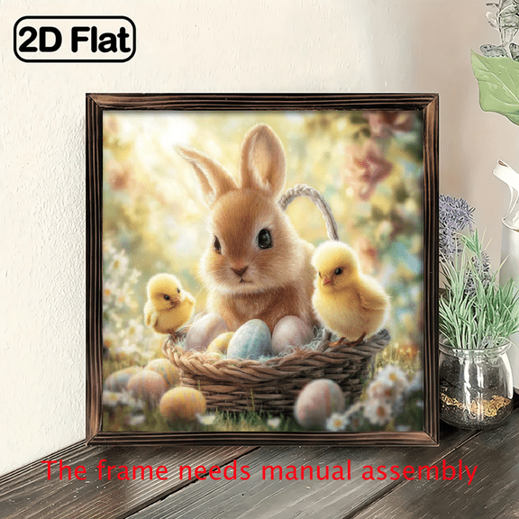 2D Flat, 1pc 8x8inch wooden board painting, square Shaped Easter Bunny Chick Eggs Animal Spring Decor Sign for Kids Bedroom Nursery Living Room.
