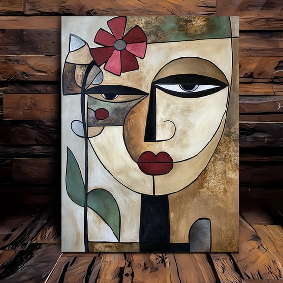 [2D Flat] 1pc Abstract Androgynous Face Canvas Art with Floral Accents - Modern Minimalist Wall Decor in Beige, Brown, Red, Green - Easy Hang Hook - Living Room