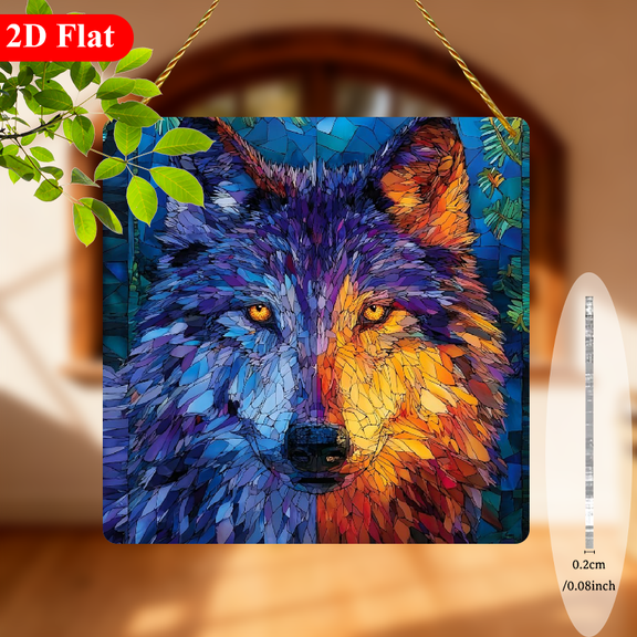 2D Flat, 1pc Abstract Wolf Face Mosaic Acrylic Sun Catcher Wall Art - 8x8 Inch Bohemian Purple Orange Red Yellow Wolf Decorative Sign for Window, Wall, Home, Office, Garden - Multi-Holiday Decor