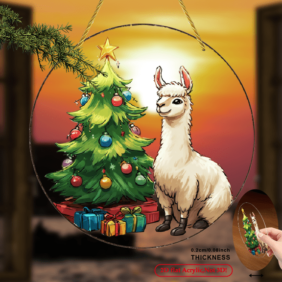 2D Flat, 1pc Acrylic Alpaca Christmas Tree Suncatcher - Festive Round Wall Hanging Decor with Llamas, Colorful Ornaments Star Topper, Ideal for Garden, Window, Porch, Home Decoration