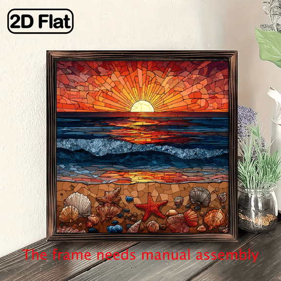 2D Flat, 1pc Acrylic Beach Sunset Coastal Wall Art - Ocean Theme Hanging Decoration with Shells Starfish, Vibrant Stained Style, No Power Required for Easter Christmas Thanksgiving New Year Home D