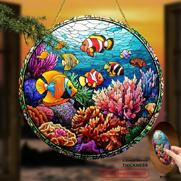 2D Flat, 1pc Vibrant Tropical Fish Sun Catcher - 8inch Round Acrylic Stained Glass Style Window Hanging, Colorful Marine Life Design with Angelfish Coral Reefs, Perfect for Home, Office