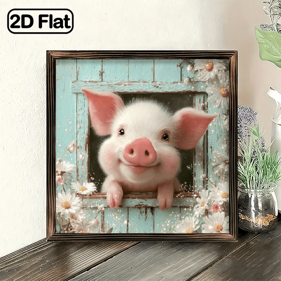 2D Flat, 1pc Adorable Cartoon Pig in Heart Window Wall Art Decor, 8x8 Inch Hanging Heart Shaped Decorative Plaque, Cute Pink Nursery Farm Animal Print for Baby Girls Room, Kids Bedroom, Fun G