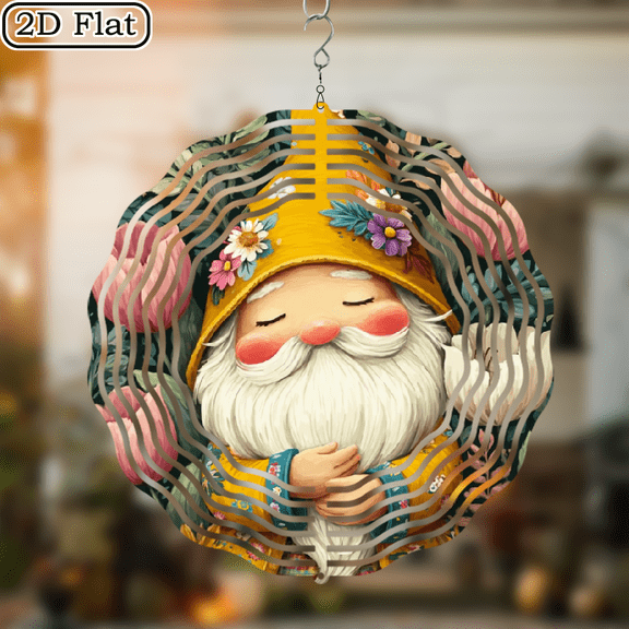 2D Flat 1pc Adorable Gnome Wind Spinner with Floral Hat Beard - 2D Flat Iron Metal OutdoorIndoor Hanging Decoration with Color-Changing Flower Petals, Spinning Motion for Garden, Balcony, Christm