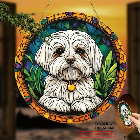 2D Flat  1pc, Adorable Maltese Dog Sun Catcher, Garden Home Decor Sun Catcher, Window Hanging Decoration, Stained Glass Style, Perfect for Pet Lovers' Homes and Gardens,  8*8inch