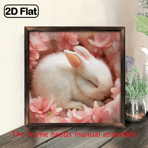 2D Flat, 1pc Adorable Rabbit Pink Roses Wall Art, 8x8 Inch Wooden Frame - Spring Decor with Pastel Bunny Floral Design, Perfect for Living Room, Garden, Office, or Easter Gifts, Bathroom Wall Deco