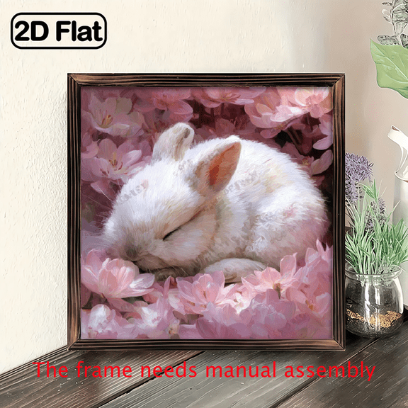 2D Flat, 1pc Adorable Rabbit Pink Roses Wall Art, 8x8 Inch Wooden Frame - Spring Decor with Pastel Bunny Floral Design, Perfect for Living Room, Garden, Office, or Easter Gifts, Bathroom Wall Deco