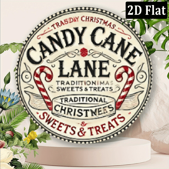 2D Flat, 1pc Aluminum Christmas Gift Vintage Round Christmas Candy Cane Sign Traditional Holiday Dessert and Snack Aluminum Engraved Wall Decoration, Suitable for Kitchen, Home, Restaurant, 8*8in