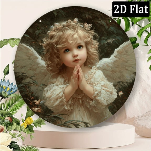 2D Flat, 1pc Aluminum Christmas gift Angel Theme 2D Metal Round Wall Art, Wreath Sign, Ideal for Kitchen, Living Room, Office Decor, Perfect for Christmas, Thanksgiving, 8x8Inch