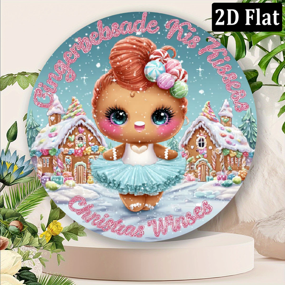 2D Flat, 1pc Aluminum Christmas gift Gingerbread Kisses 8x8Inch Round Sign - Perfect for Christmas Halloween Decor, Wreath Centerpiece, Kitchen, Garden, Office Wall Art, Christmas Decor