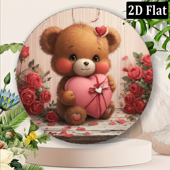 2D Flat, 1pc Aluminum Wall Art Decor - Teddy Bear with Heart Gift Roses Design, 8x8 Inch Circular Plaque for Indoor Outdoor Use, American Style Wall Hanging for Kitchen, Bedroom, Office, Garden Decor