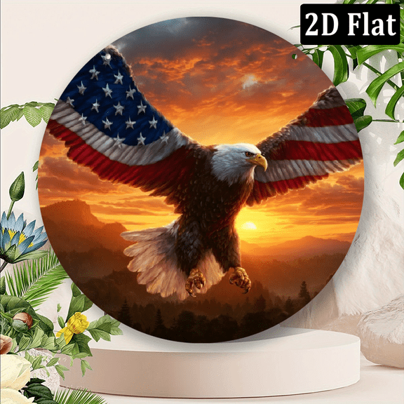 2D Flat, 1pc American Flag Eagle Patriotic Metal Sign Wall Art - 8*8inVintage Military Decor with Majestic Bald Eagle Sunset Sky Design, Durable IndoorOutdoor Decoration for Home, Office, Bar, Gara