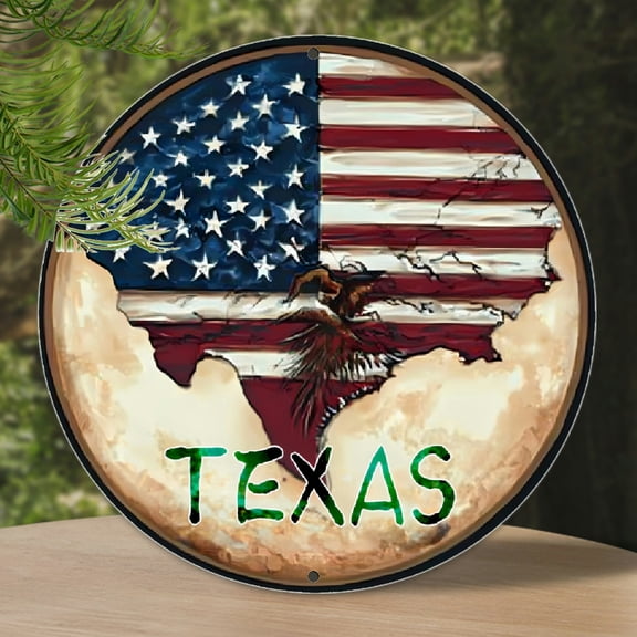 2D Flat, 1pc American Texas Flag Ea-gle Round Tin Sign Vintage Painting Wall Metal Poster Plaque Wall Decoration for Home Bar Yard Circular Sign, Decorative Sign & Plaques