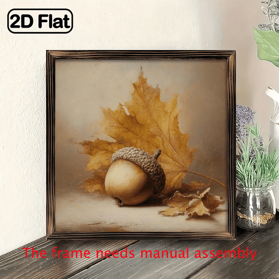 2D Flat, 1pc Antique Golden Frame Acorn Oil Painting - Rustic Autumn Wall Art with Realistic Acorn Fall Leaves, Vintage Home Decor for Living Room, Halloween, Fall Seasonal Decoration, Durable Fra