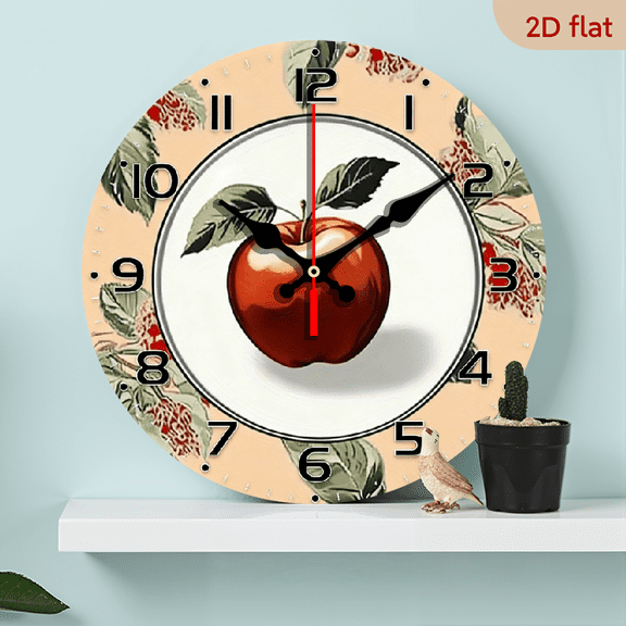 2D Flat, 1pc, Apple to be peeled Backdrop - 10inch Wood Veneer Round Silent Flat Wall Clock - Batteries Not Included - Ideal for Living Room, Bedroom, Kitchen - Aesthetic Home and Office