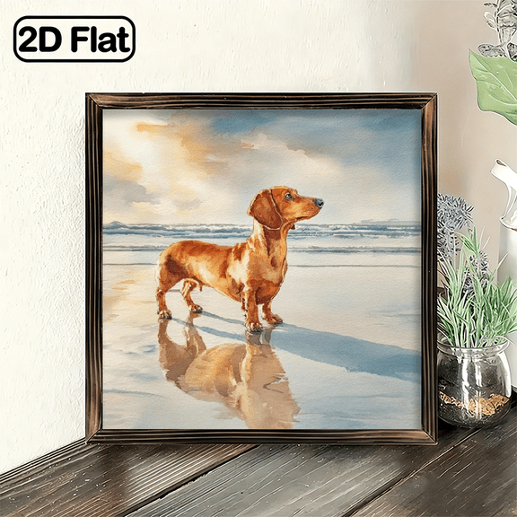 2D Flat 1pc Artistic Watercolor Dachshund Dog at Sunset Beach Frame Wooden Sign Dog Theme Wall Art Wall Decoration for Living Room, Bedroom, Office, Farmhouse, Pet Lover Gifts Decorative Sign 8x
