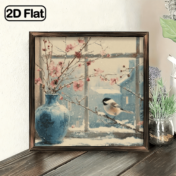2D Flat - 1pc Artwork Featuring a Vintage Winter Scene with a Tranquil Bird on a Branch, This Flat Print Is Perfect for Holiday Decorations, Suitable for Christmas, And Winter, 8x8 Inch Decorative