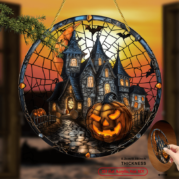 2D Flat, 1pc Atmosphere Halloween Gne with Pumpkin Lanterns and Full Moon, Perfect for Home and Garden Decoration, Bedroom Enhancement, Perfect Gift for Family and Friends.8inch