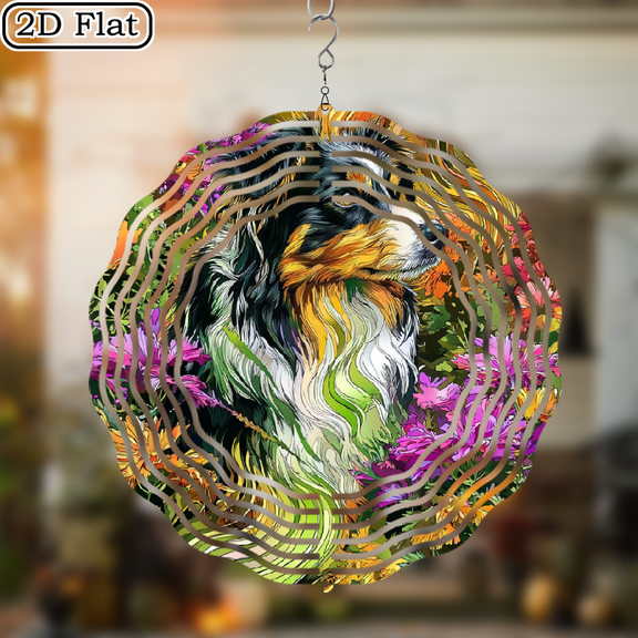 2D Flat, 1pc Australian Shepherd Dog Wind Spinner - with Floral Garden Decor, Hanging Ornament - Durable Iron Construction for IndoorOutdoor - Perfect for Christmas, Halloween, Thanksgiving, Pet L