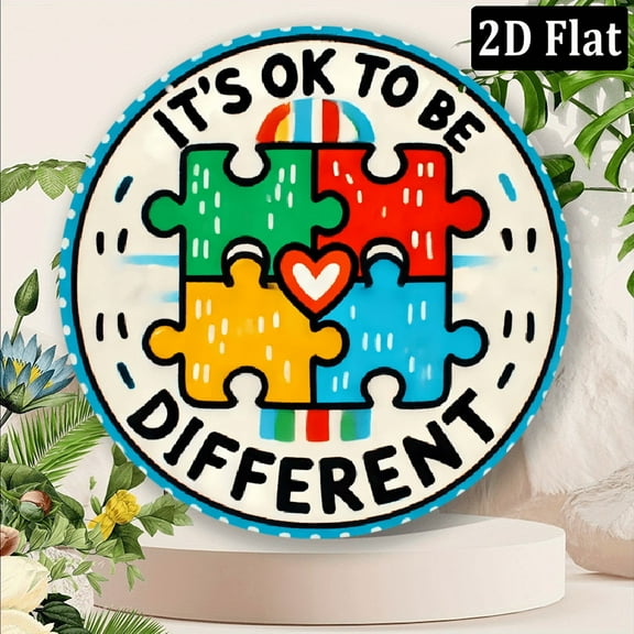 2D Flat, 1pc Autism Awareness Retro Round Wall Sign - _It's Okay to Be Different_ Puzzle Design, 8x8 Inch Aluminum Home Decor, Vintage Farmhouse Style, Colorful Puzzle Piece Border, Perfect for Bedro