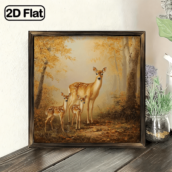 2D Flat, 1pc Autumn Deer Family Forest Painting Wall Art Plaque, Rustic Wildlife Theme Home Decor for Living Room Bedroom Nursery, Ideal Gift for Family Friends Nature Lovers, Decorative Heart Alu