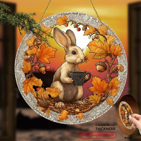 2D Flat 1pc, Autumn Rabbit Coffee Sun Catcher, 8x8 Inch Round Acrylic Sign, Stained Glass Style Window Hanging Ornament, Cozy Fall Atmosphere, Ideal for Fall Decorations and Thanksgiving