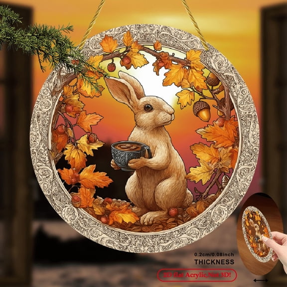 2D Flat 1pc, Autumn Rabbit Coffee Sun Catcher, 8x8 Inch Round Acrylic Sign, Stained Glass Style Window Hanging Ornament, Cozy Fall Atmosphere, Ideal for Fall Decorations and Thanksgiving
