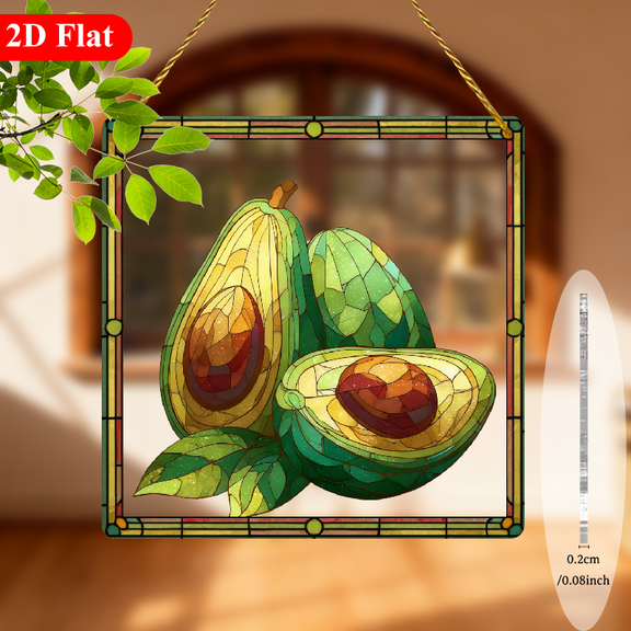 2D Flat - 1pc of Avocado-Themed Cartoon Square Window Hanging Art Suncatcher, 8 Inches, Perfect for Decorating Your Living Room Or Garden During Christmas