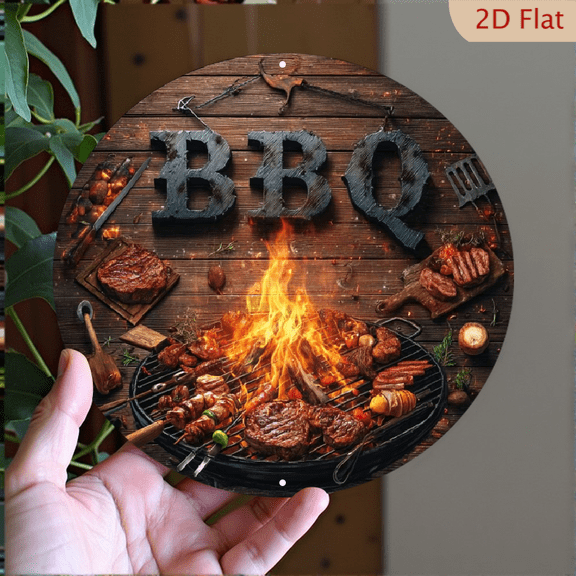2D Flat, 1pc, BBQ Theme Round Aluminum Metal Decorative Plaque Sign, Suitable for Bar Kitchen Cafe Home Office Decoration, Holiday Gift, 8x8 Inches, 2D Flat