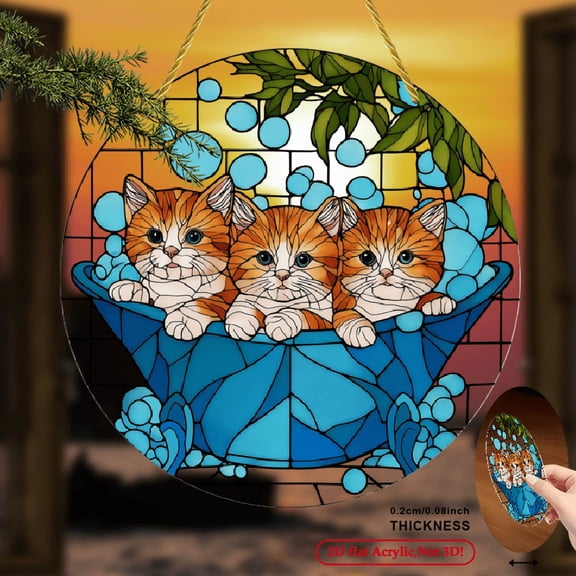 2D Flat, 1pc Bathing Kittens Sun Catcher, 8x8 Inch Round Acrylic Hanging Decor for Living Room, Bedroom, Office - Cozy Home Decor Housewarming Gift, Kitten Decor