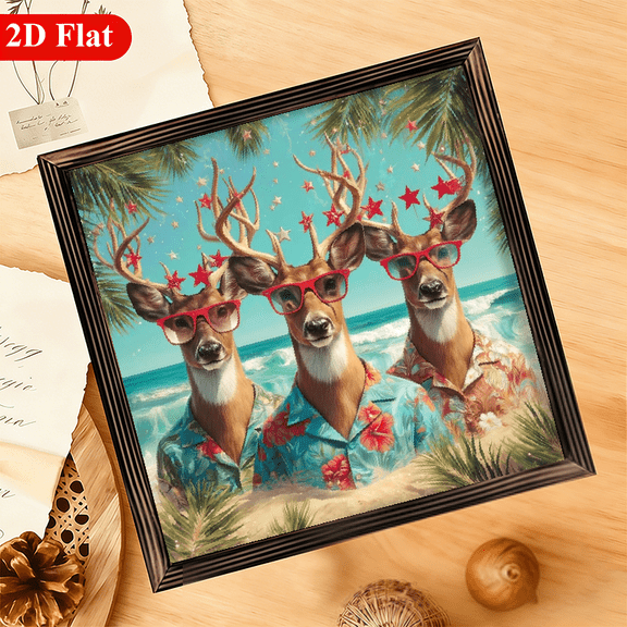 2D Flat, 1pc Beach Deer Tropical Wall Art - 12x12 Inch Wood Framed Summer Coastal Decor with Fashion Glasses Floral Shirts Design, Easy Installation for Living Room, Entryway, Desk - Perfect Gif