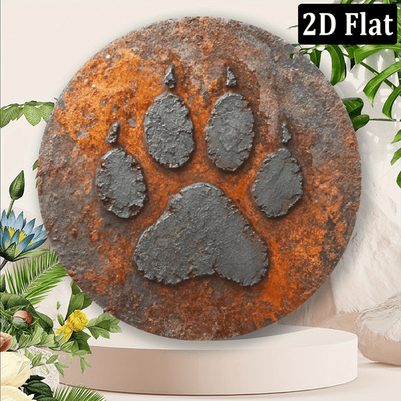 2D Flat, 1pc, Bear paw Print Theme, round aluminum metal decorative sign plaque, home decoration, suitable for bar cafe home office decoration, autumn Halloween gift, holiday gift, 8x8 inch, 2D Flat.