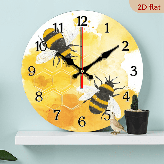 2D Flat 1pc Beehive Design 25 cm European and American Style Round Silent Plane Wooden Clock - Battery Not Included, Silent Wall Clock, Add Joyful Time Your Study or Living Room, Perfect Gift for