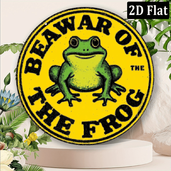 2D Flat, 1pc Beware of the Frog Vintage-Style Aluminum Sign - Round, Distressed Yellow Red Wall Art with Black Frog Silhouette for Home, Bar, Cafe, Garage Decor Event Party Supplies, Frog Garden