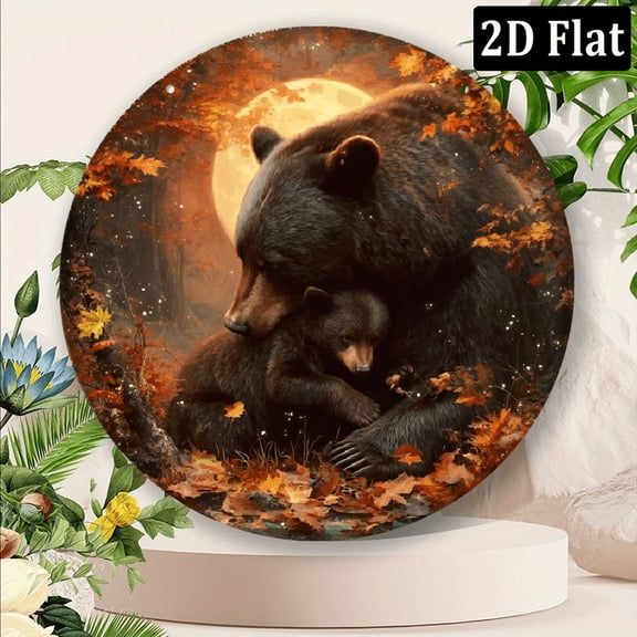 2D Flat, 1pc Black Bear Sign 1pc Durable Aluminum Black Bear Wall Sign 8x8 Inch Round Wreath Decor with Mother Cub Bear Illustration, Autumn Forest Design EasyClean Metal Art for Home, Office