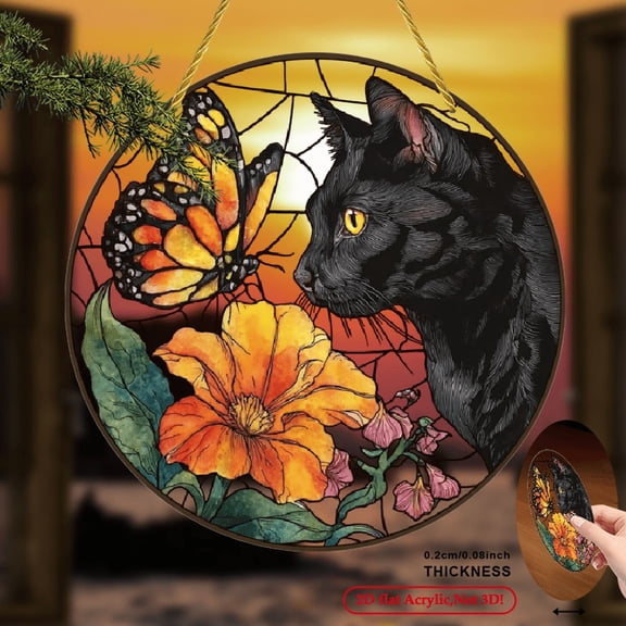 2D Flat, 1pc Black Cat Butterfly Garden Sun Catcher - 8 Inch Circular Acrylic Window Hanging Decor with Vibrant Floral Butterfly Design, Retro Home Decor for Spring Festivals, Butterfly Room Decor