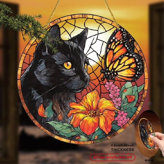 2D Flat, 1pc Black Cat Butterfly Garden Sun Catcher - 8 Inch Circular Acrylic Window Hanging Decor with Vibrant Floral Butterfly Design, Retro Home Decor for Spring Festivals, Serene Atmosphere